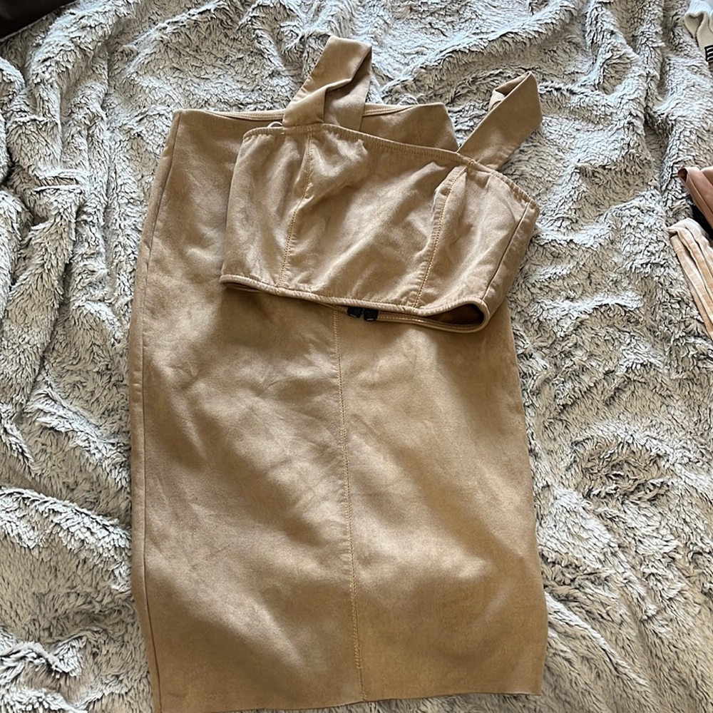 naked wardrobe Tan Faux Suede Crop Top & Skirt Set